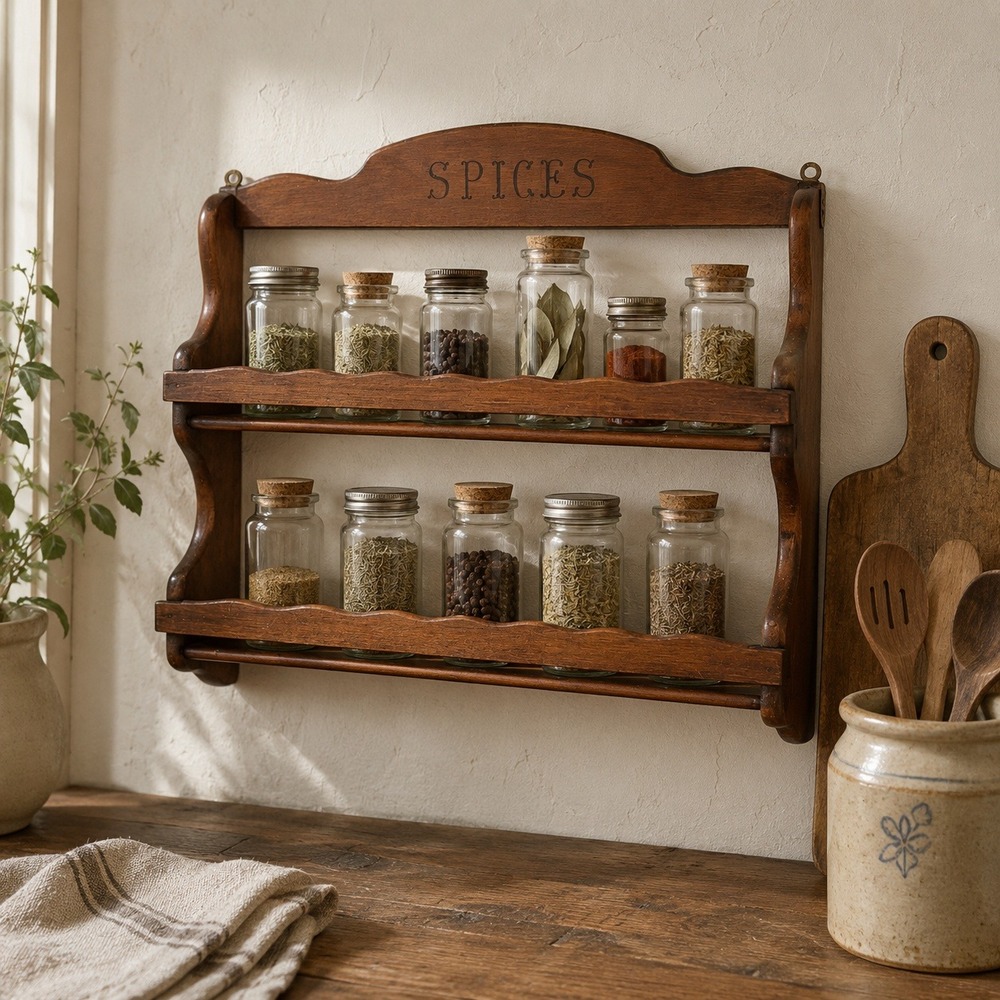 Vintage Wood Wall Spice Rack Cottage Kitchen Storage Shelf Rustic Organizer